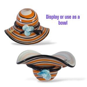 Block Crystal Amanda Hand Blown White Orange Art Glass Hat Blue Flower Bowl